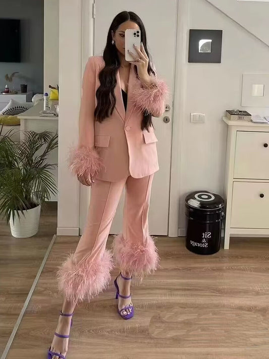 Blazer Pantsuits White pink pant suit Real ostrich Feathers Single Button Party Office Business Wear Suit Lapel Jacket Pants Two Piece Sets Outfits