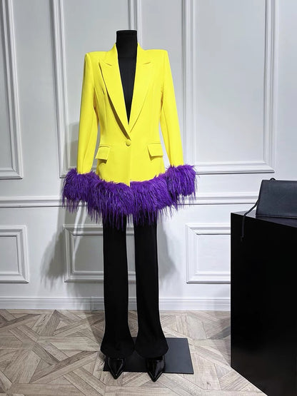 Blazer Dress Suits with Purple Artificial Furffly Luxury Jacket Fluff Is Removable Office Business Wear Blazers Women