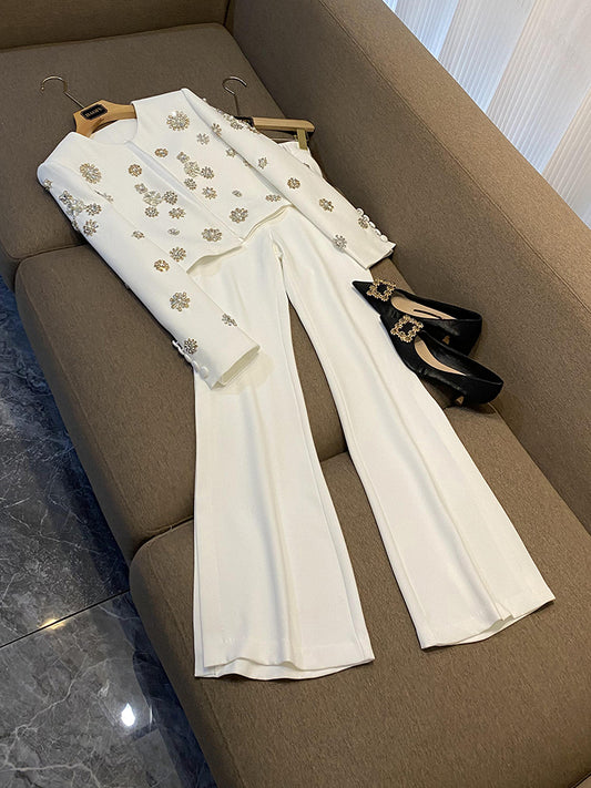 Handmade Beaded Short Jacket Pants Suits Round Neck Jacket Pants Set New Designer Fashion High Split Pants Business Wear White Flare Pants Suits Outfits