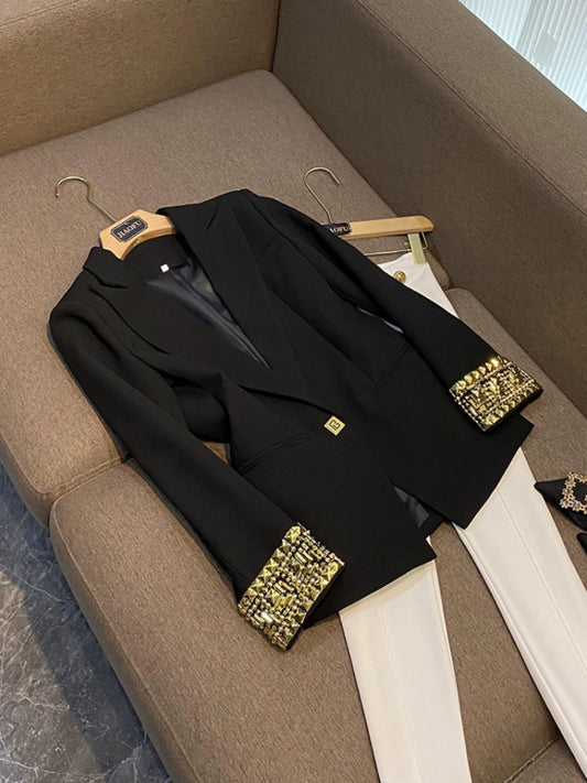 Female Blazer Jacket with Beading Gold Cufflinks Fashion One Button Mid Length Classic Fit Business Suit Formal Wear Blazers