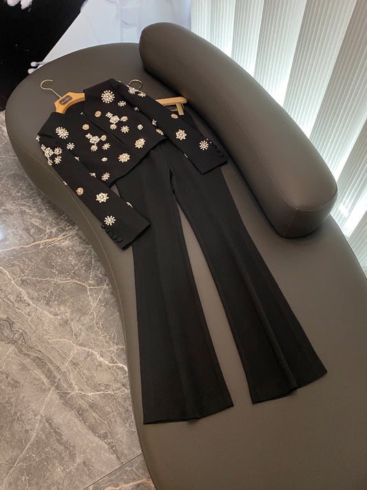 Round Neck Beaded Black White Short Jacket Pants Set New Fashion Jacket Split Bell Bottoms Set Business Wear Flare Pants Suits Women