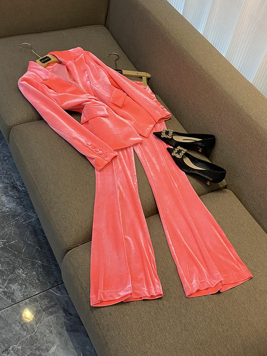 Pink Velvet Pantsuis Outfits Women blazer pants two piece sets Women office Wear elegant female sets