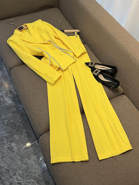 Blazer Pant Suits Women Yellow Pants Set 2024 New Designer Blazer with Diamond Striped Split Suit Jacket Straight Trouser Two Piece Set Outfits Women