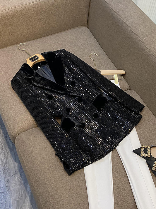 Black Sequins Jacket Blazer for Women Double Breasted Button Glitter Sequined Party Club Jacket Coat outfits 2024 New