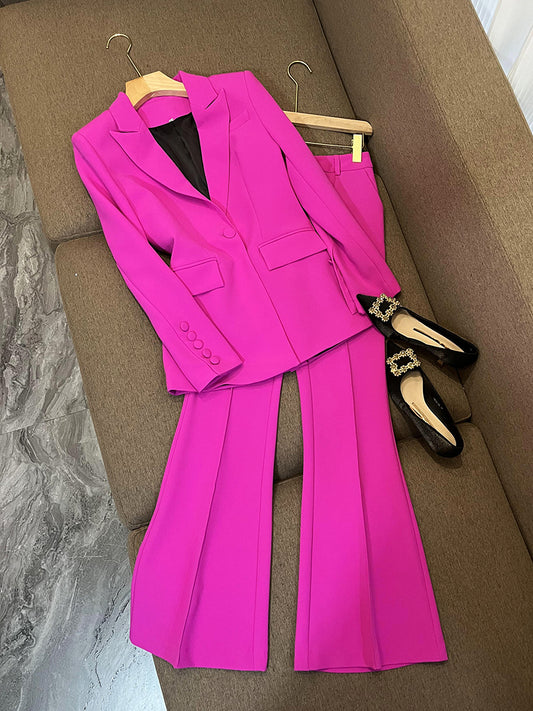 Pantsuits red blazer for women wedding, pant sets Business Classic Single Buttons Flared Pants Blazer Pants Two Piece Set ,Formal Suit