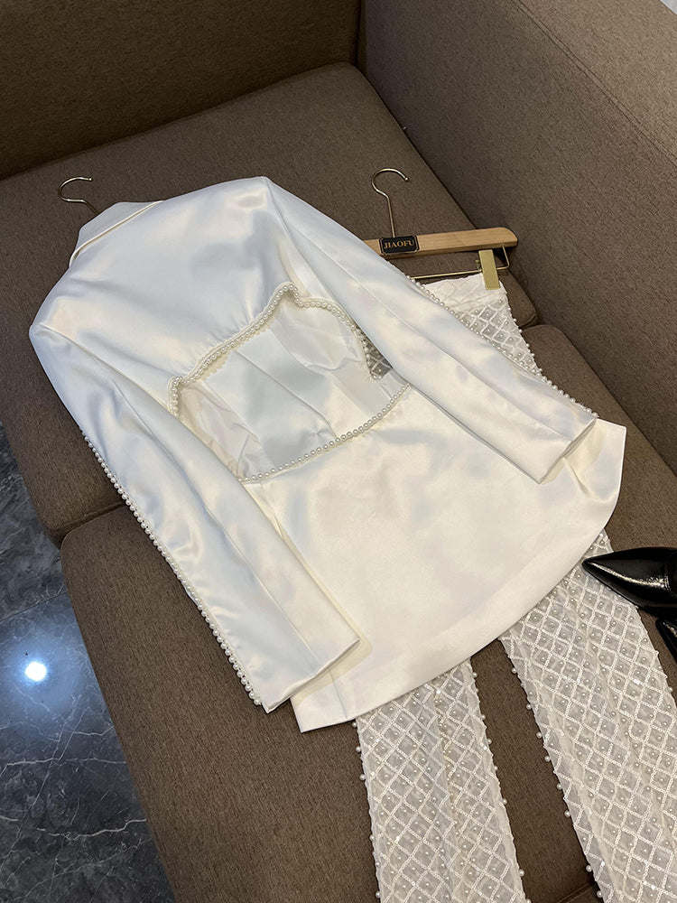 Hollow Out 3D Flower Bead Backless Jacket New Fashion Blazer Suit Pearl Sequins Mesh See Through Pants Jacket Women