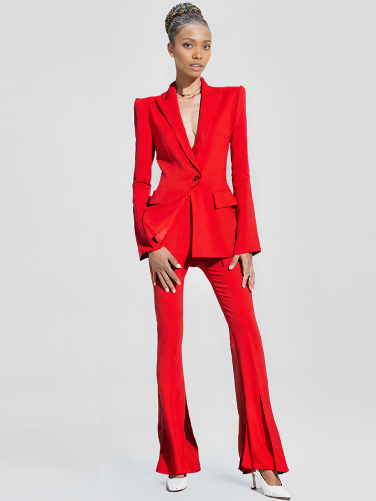 Pantsuits red blazer for women wedding, pant sets Business Classic Single Buttons Flared Pants Blazer Pants Two Piece Set ,Formal Suit