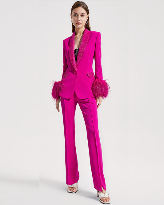 Women Blazer with Feather Hot Pink Pant Suits Ostrich Feather Fashiona Luxury Real Feather Embellished Diamond Shawl Collar Suit Jacket Set