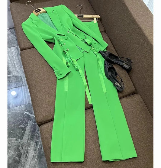 Pantsuits Women White Dark Green Ribbons Lace Up Binding Pantsuits Women Blazer Jacket Wide Leg Pants Set Outfits Two Piece Set Women Outfits