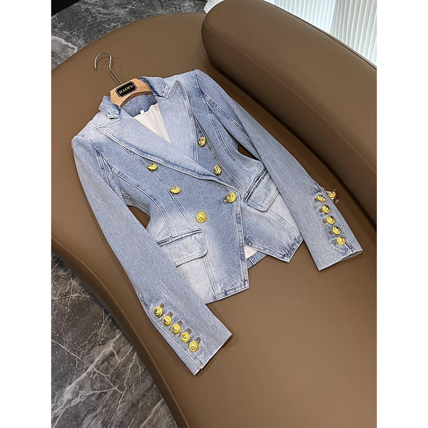 HOHE QUALITÄT Denim Jacke Blazer Frauen Neue Designer Schlanke Zweireiher Lion Button Anzug Outfits Denim Blazer 2023 