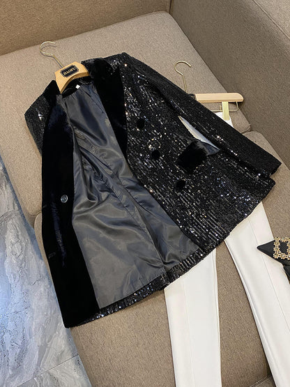 Black Sequins Jacket Blazer for Women Double Breasted Button Glitter Sequined Party Club Jacket Coat outfits 2024 New