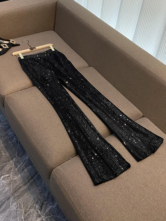 Sequins Velvet Full Length Pants Women Party flare pants