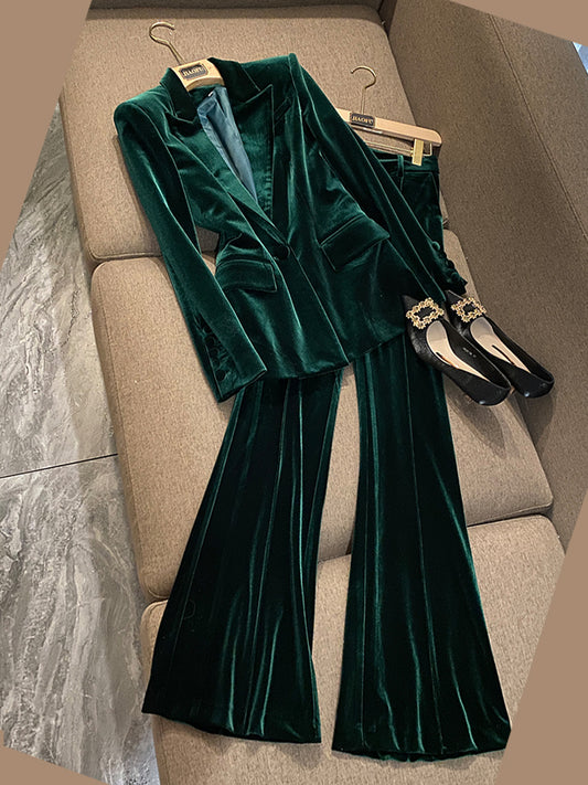 2 piece sets women outfit Velvet Blazer Pants Suits,Fashion Elegant Dark Green Velvet Suits,Women Outfits