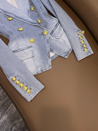 HOHE QUALITÄT Denim Jacke Blazer Frauen Neue Designer Schlanke Zweireiher Lion Button Anzug Outfits Denim Blazer 2023 