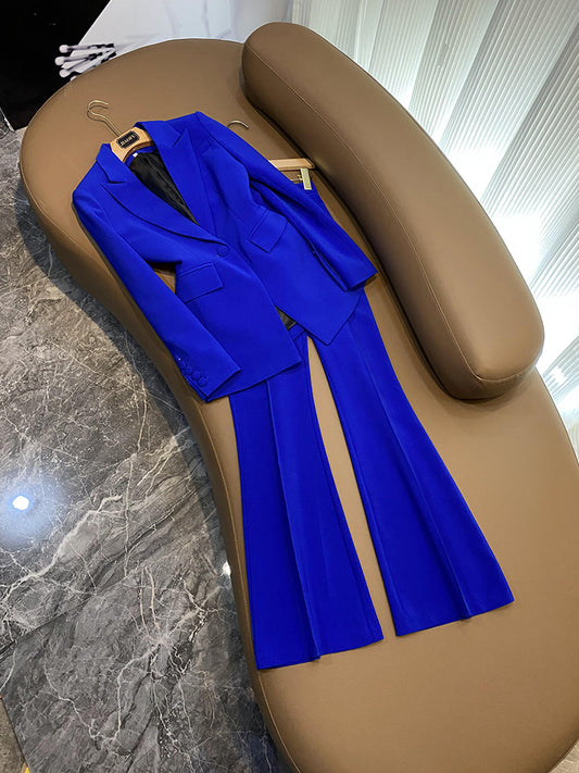 pant sets Blue Women, Pantsuits Set Roayl Blue ,Business Classic Single Buttons Flared Pants Blazer + Pants Two Piece Set ,Formal Suit