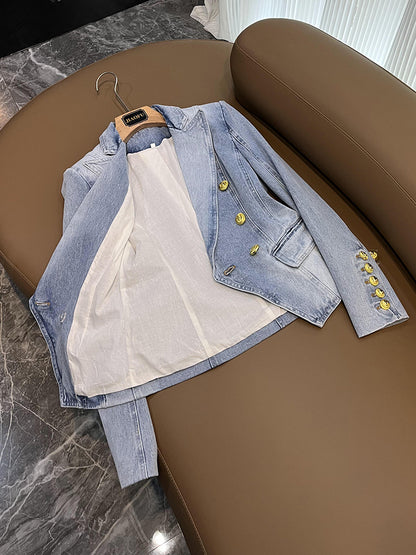 HOHE QUALITÄT Denim Jacke Blazer Frauen Neue Designer Schlanke Zweireiher Lion Button Anzug Outfits Denim Blazer 2023 