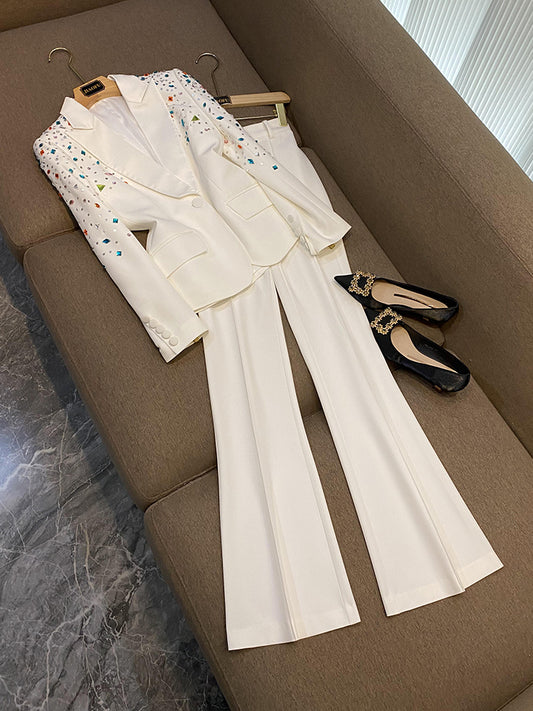 White PantSuits Women handmade Beading Color Diamond Sequined Elegant Two Piece Sets Flare Pants Trousers Set Wedding Punk Suit