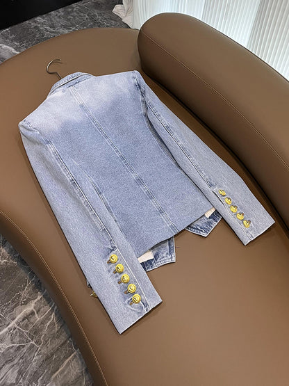 HOHE QUALITÄT Denim Jacke Blazer Frauen Neue Designer Schlanke Zweireiher Lion Button Anzug Outfits Denim Blazer 2023 