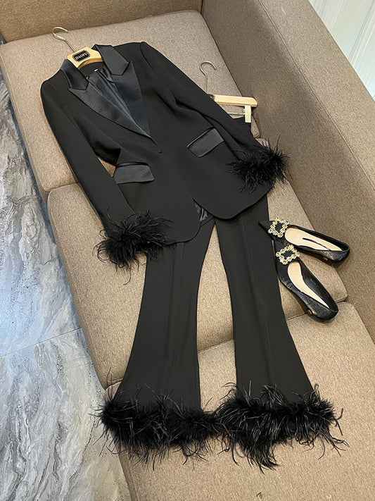 Blazer Pantsuits with Feather Outfit Real ostrich Feathers Single Button Party Office Business Wear Suit Lapel Jacket Pants 2 piece sets women outfit