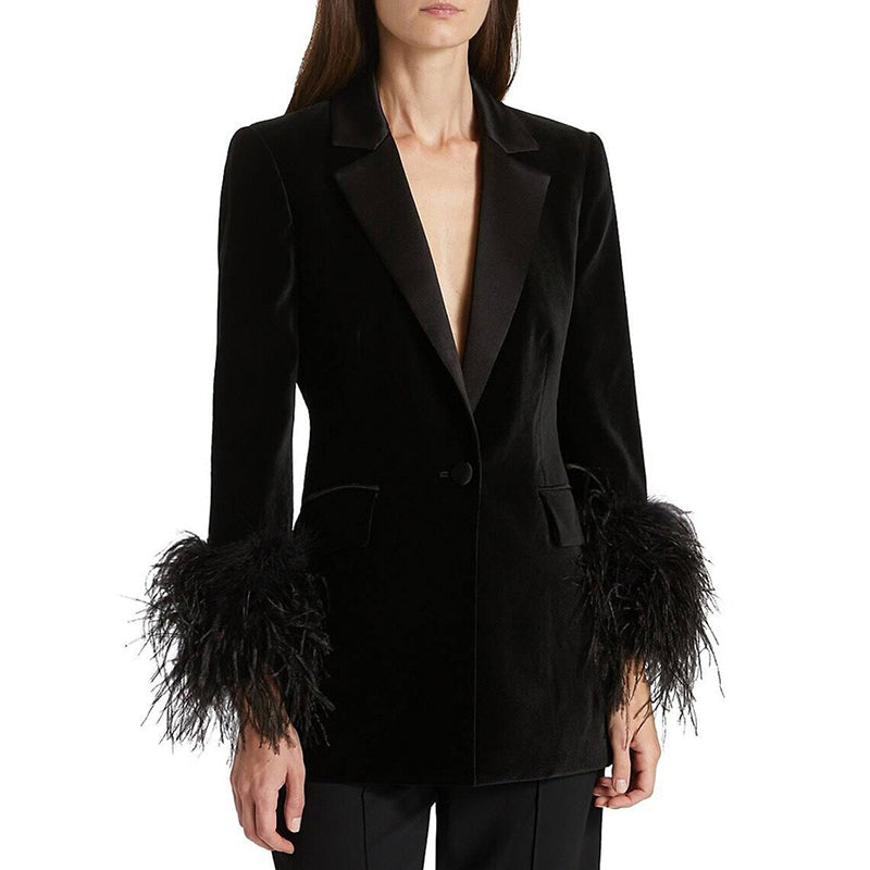 Schwarze Samt-Blazer-Jacke mit Straußenhaar-Federn-Ärmeln, Damen-Jacke, Satin-Revers, Büro, Business, Herbst-Winter-Mantel, formelle Blazer-Anzüge 