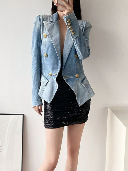 HOHE QUALITÄT Denim Jacke Blazer Frauen Neue Designer Schlanke Zweireiher Lion Button Anzug Outfits Denim Blazer 2023 